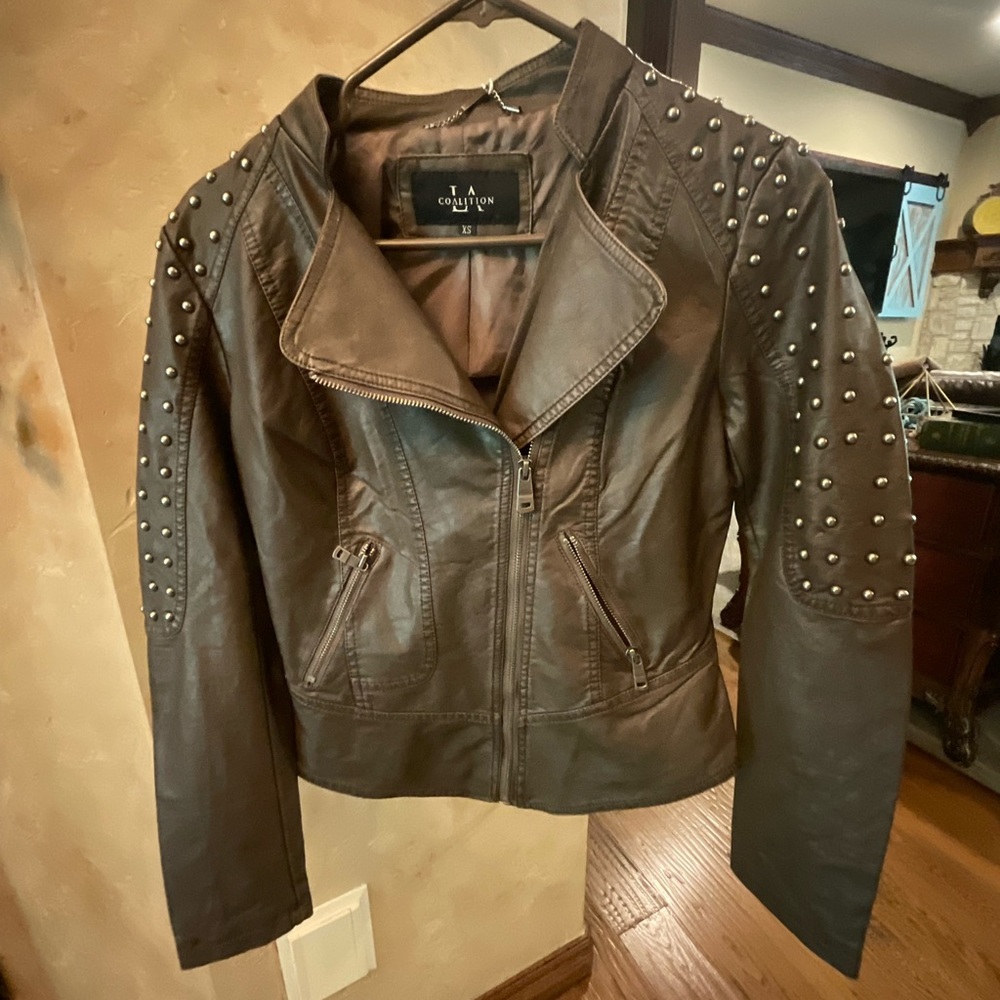 Women’s Brown-Coffee Vegan Leather Studded Moto Jacket Stunning and New With Tag